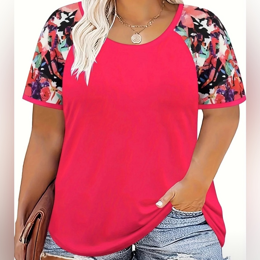 Floral Sleeve Red Women's Top